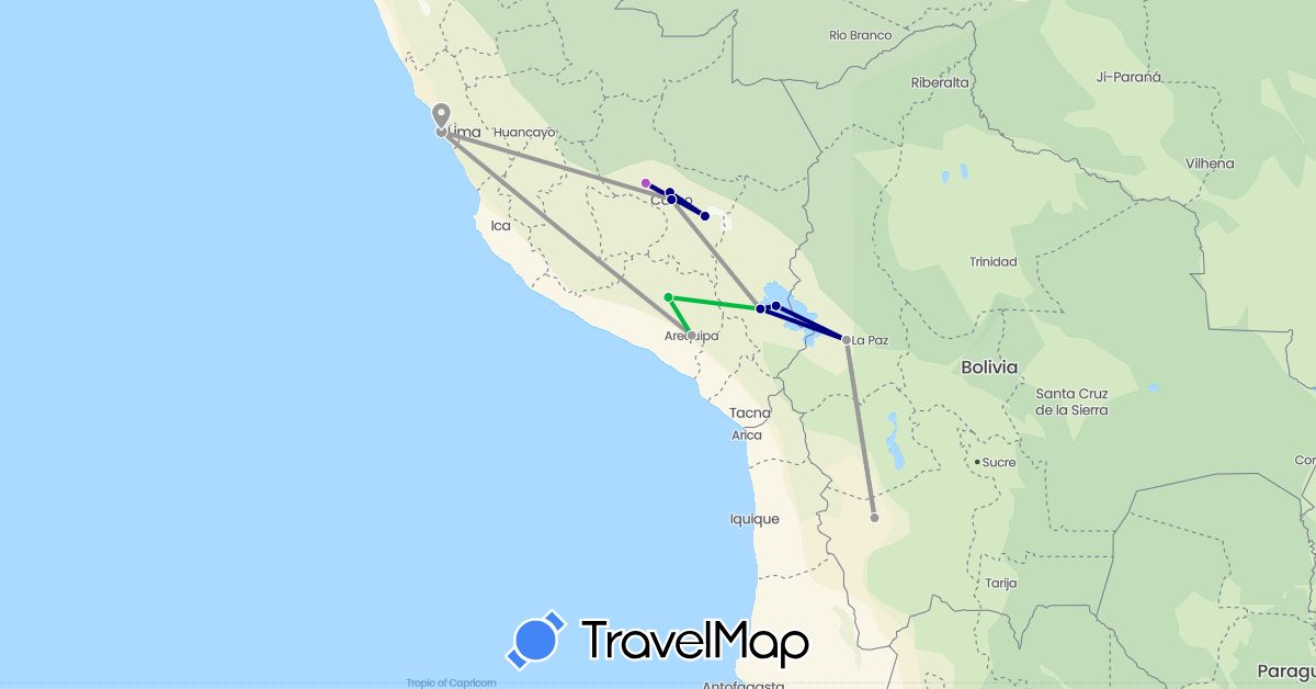 TravelMap itinerary: driving, bus, plane, train in Bolivia, Peru (South America)